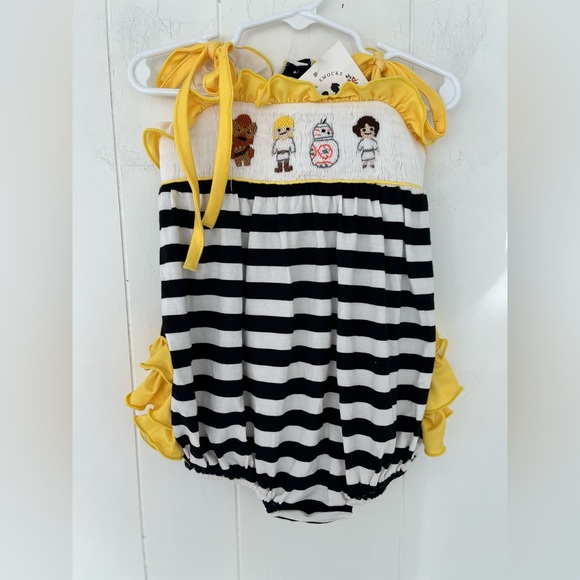 Awe Smocks Other - Awe Smocks Star Wats Smocked Stripe Black & White Bubble 1 Piece Yellow Ruffles